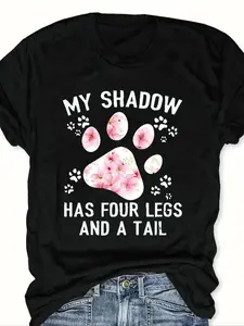 Plus Size Paw & Letter Print Crew Neck Tee, Fashion Floral Graphic Short Sleeve T-Shirt for Daily Holiday Vacation Outdoor Wear, Women Plus Clothing for Summer