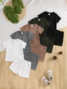 Kids' Pure Color Ribbed Knit Fabric Short Sleeve T-Shirt and Pants Set, Clothing Sets, Casual Comfortable Skin-Friendly, Perfect for Outdoor Activities