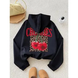 Women’s drawstring pocket with cherry, letter, and leopard prints Thermal-lined hoodie, casual long-sleeve hooded sweatshirt for fall and winter, women’s clothing for everyday wear