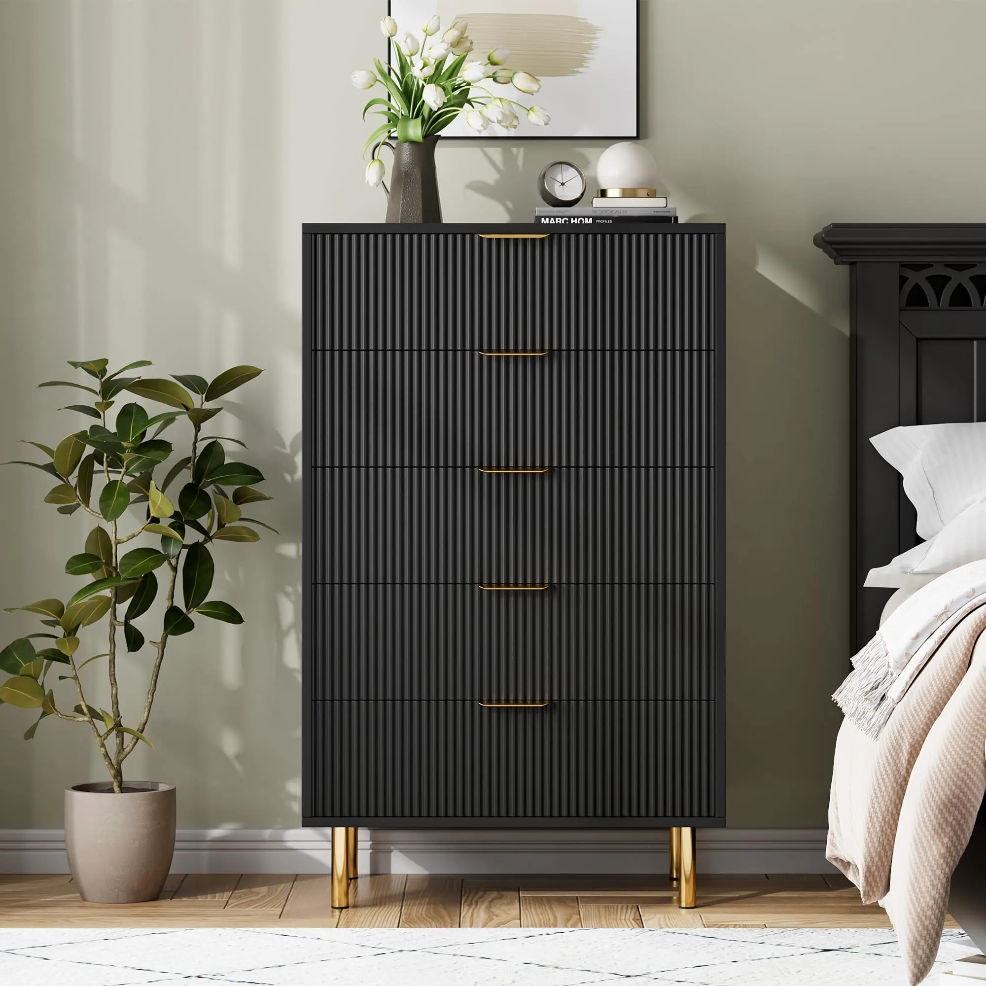 Modern Pink/Black/Green 5 Drawer Dresser with Gold Handles Large Storage Double Chest of Drawers Organizer for Bedroom Living Room Hallway Entryway