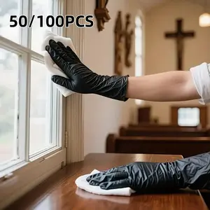 50/100pcs Black PVC Disposable Gloves, Latex-Free Kitchen Cleaning Gloves for Dishwashing, Home Kitchen Cleaning Gloves, Disposable Thickened Gloves for Indoor and Outdoor Use, Household Cleaning Gloves