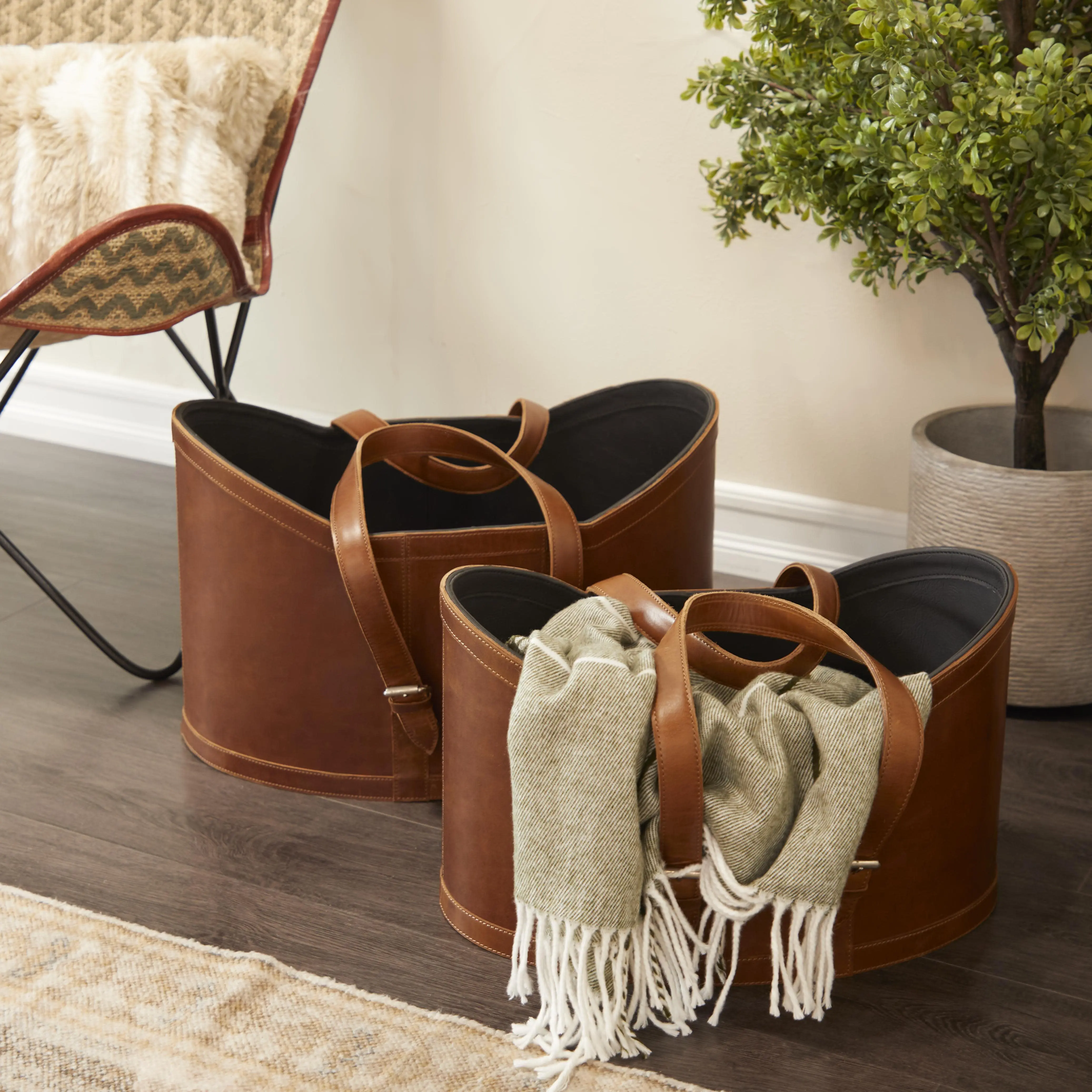Leather Handmade Curved Decorative Magazine Holder with Buckle Handles - Set of 2, 20in, 19in W Home Organizer Storage Racks
