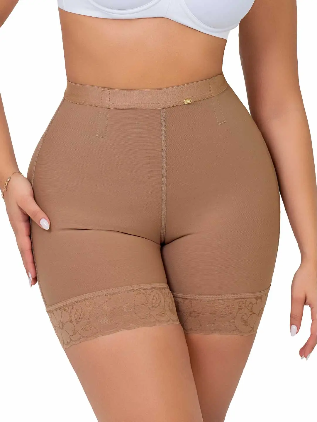 Stagmi Women's Triple Butt-Lifting Powernet Shapewear Shorts, Mid-Thigh Body Shaping with Tummy Control and Lace Trim + Free Thong