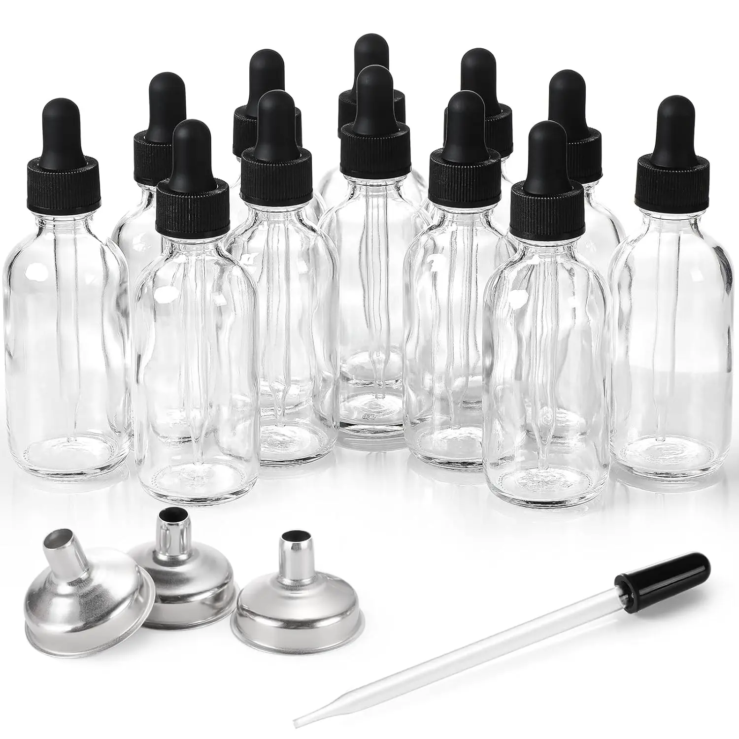 12 Pack, 2 oz Glass Eye Dropper Bottles w/ 3 Stainless Steel Funnels & 1 Long Pipette Dropper & 24 Labels - 60ml Clear Tincture Bottles for Essential Oils, Liquids - Leakproof Travel Essential Bottles