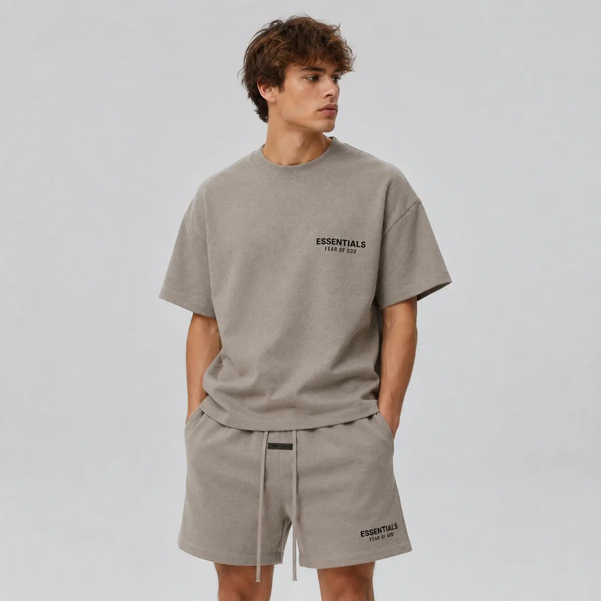 (One Set) (Over Size ) Fear of God Essentials Classic Short Sleeve Tee & Shorts Homestead Heather (SS25)| Oversized Fit | Size Down Recommended