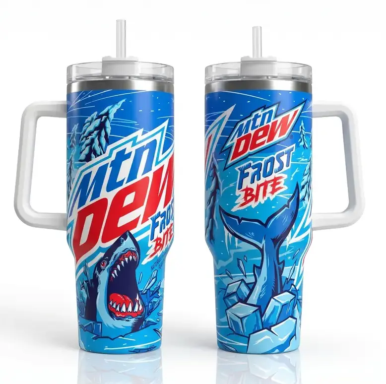 [Gift Box & Straw] Frost Bite Shark 20oz Skinny & 40oz Handle Tumbler, Retro Blue Soda Style Stainless Steel Vacuum Insulated Coffee Cup, Hot & Cold Travel Mug, Ocean Graphic Fan Gift