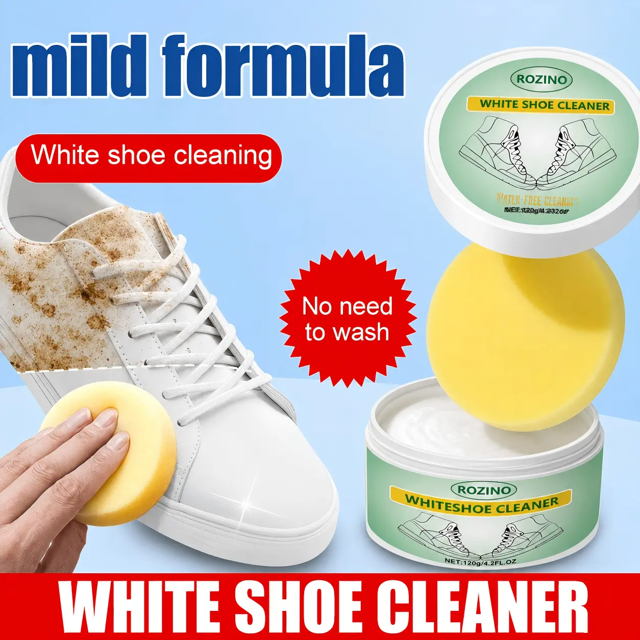 ROZINO Menthol-Fresh White Shoe Polish Cream (4.2 oz/120g) - Water-Free Shoe Cleaner Kit with Sponge, Ideal for Sneakers, Canvas, Rubber Soles & Leather Footwear for Busy Mornings, White Shoe Polish For Sneakers interior zapatos