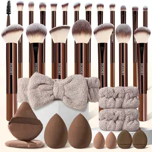 31-Piece Brown Makeup Brush and Essential Tool Kit, Cosmetics Makeup Tools, With Versatile Face And Eye Brushes, Blending Brush, Plus Beauty Sponges, Makeup Puffs, Headband, and Wristbands, All-In-One Solution For Every Makeup Need