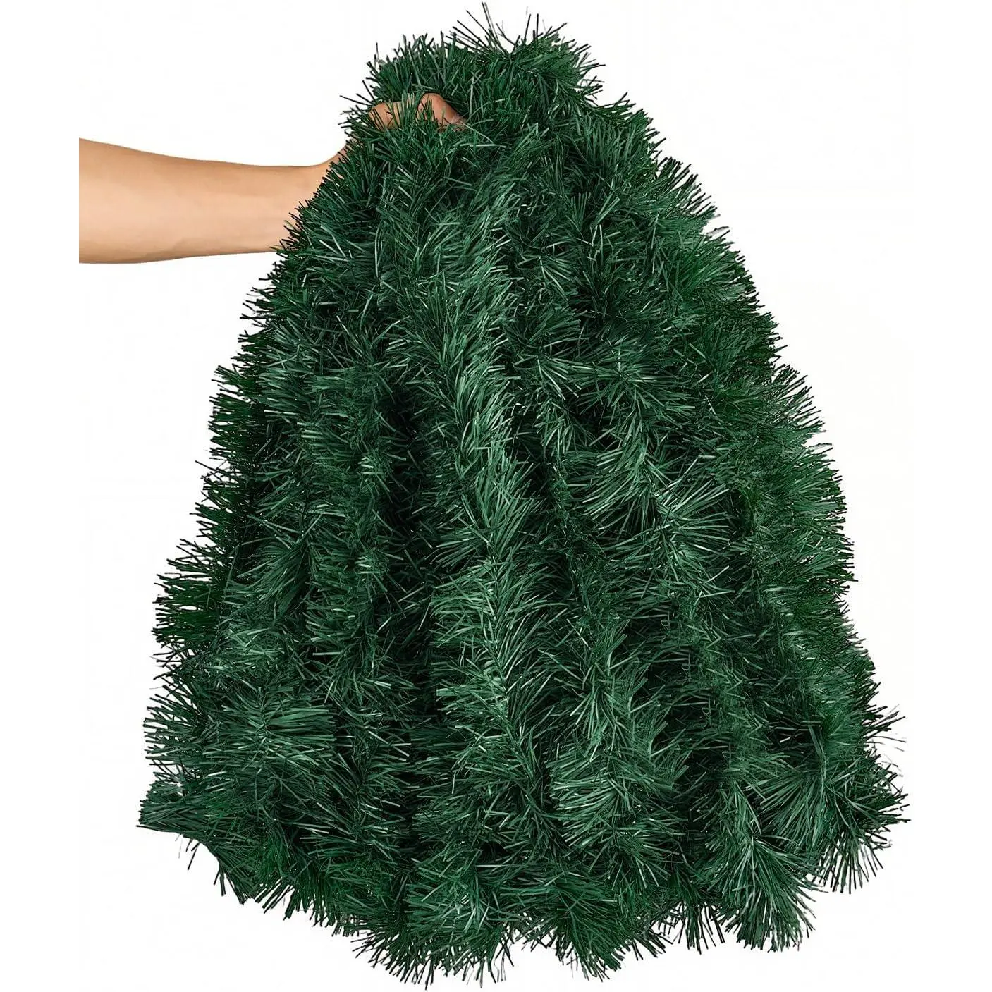 50FT Plastic Christmas Tinsel Garland - Dark Green, Thick, Metallic Twist, Shiny, Lightweight, Flexible, Durable for Xmas Tree Decorating, DIY Crafts, Festive Home Use
