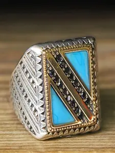 Vintage Men's Classical Elegant Geometric Pattern Turquoise Ring, Wedding Engagement Party Jewelry Gift, 1pcs Retro Style Accessory