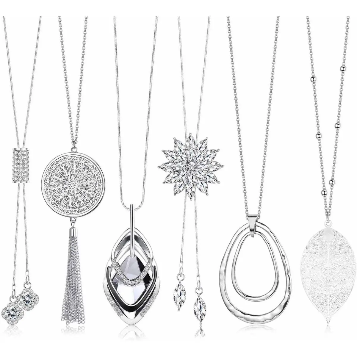 Women's 6Pcs Electroplating Silver Statement Necklaces - Flower, Tassel, Disk, Circle, Leaf Pendants, Long Sweater Chains, Party Accessories for Mother's Day, Wife Fashion Jewelry
