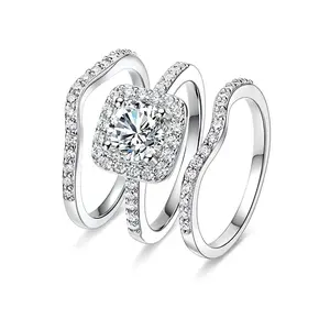 1.5 CT Round Cut Classic Three-in-One 3 Pieces Set Halo Wedding Engagement Promise Eternity Opal Ring for Women Mother Day Birthday Christmas Gift R-0969