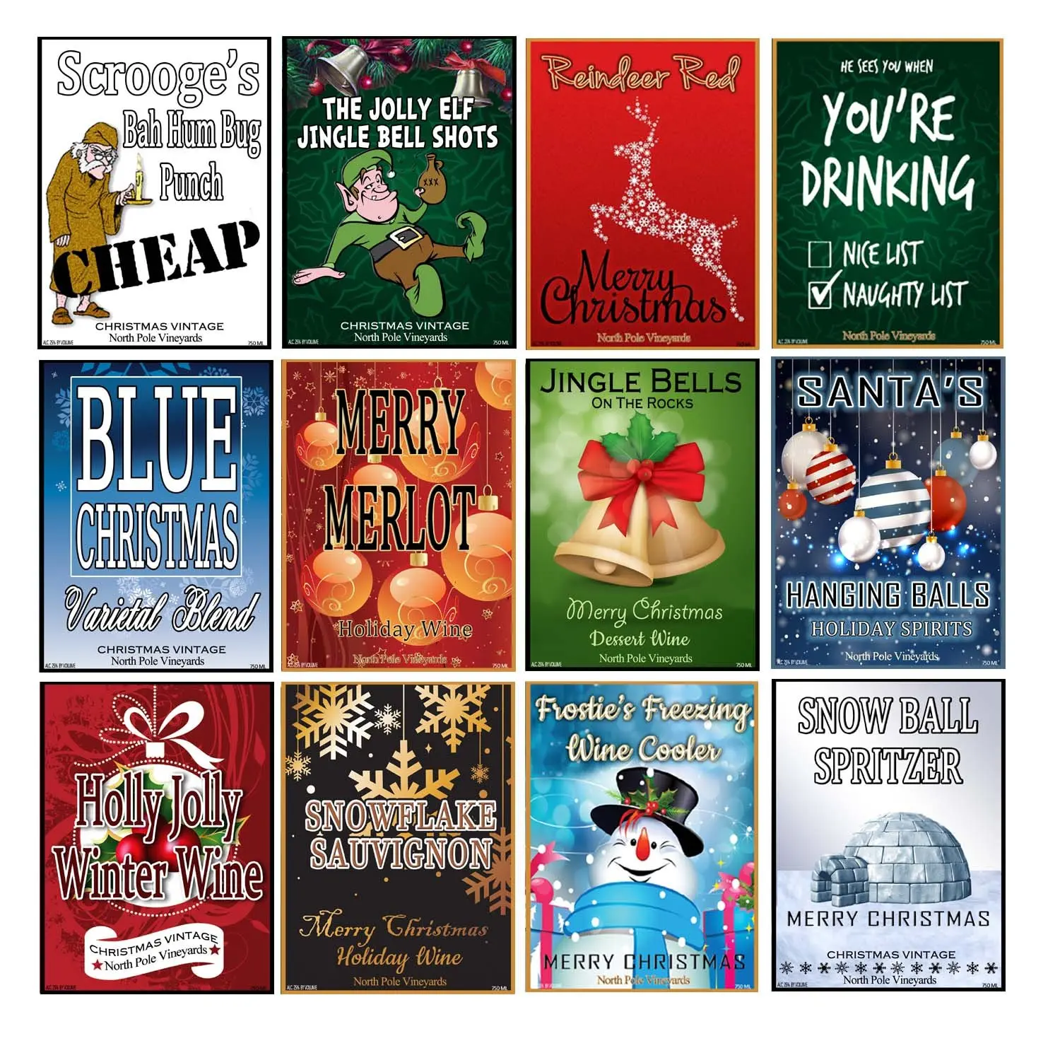 American Art Classics Set of 12 Christmas Wine Bottle Labels - 5 Inch X 4 Inch