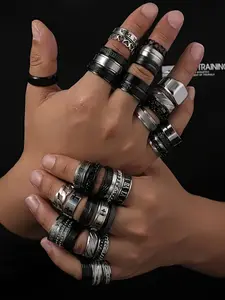 Punk Gothic Ring Set 10 Pieces, Silver Color Stackable Rings, Minimalist Industrial Aesthetic Jewelry for Men and Women