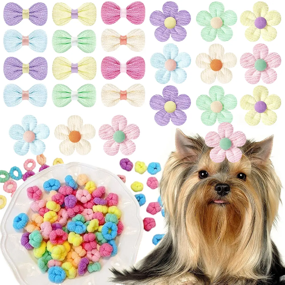 124 Pcs Pet Dog Bow and Flower Hair Tie Set – Pastel Colors with Soft Fabric Texture – For Small Breeds Like Yorkies and Maltese – Keeps Fur Neat During Grooming or Photo Sessions