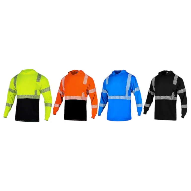 Long-Sleeve Hooded Polyester Mesh Breathable Hi-Vis Shirt - Hot-Print Reflectors, Industrial Work Safety Equipment, Construction Workwear Vest Uniform