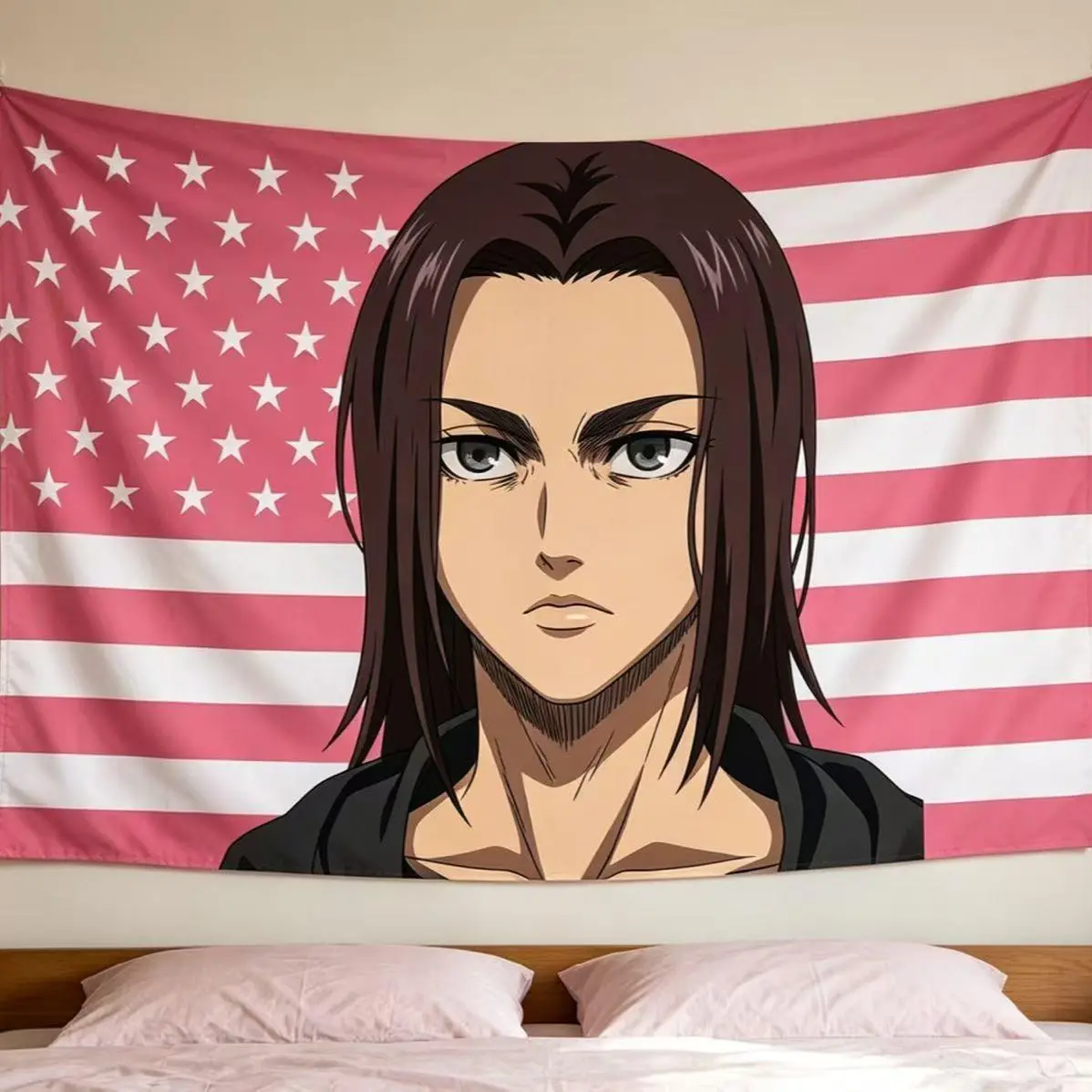 Eren Yeager Anime Tapestry - Light-Colored Blush Pink Vibrant Polyester Print Hanging Wall Decor, Attack Titan Home Wall Hanging Tapestry Mural, Japanese Manga Fan Gift Home Accessory for Living Room