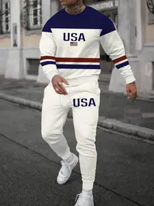 Men's Digital Print Fall Winter Casual Two-Piece Set, Round Neck Long Sleeve Pullover & Drawstring Pants, Knit Fabric Outdoor Sports Wear