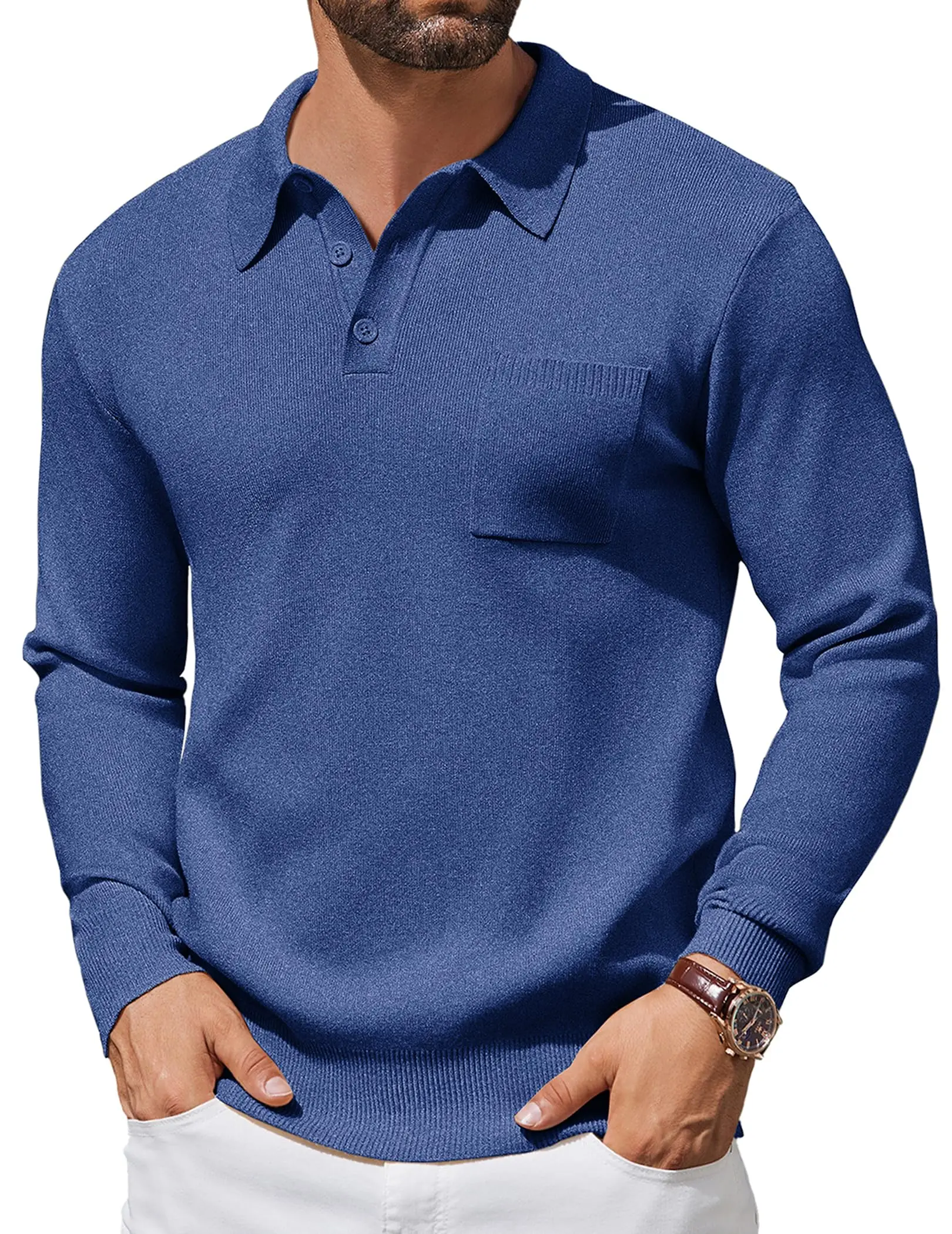 COOFANDY Mens Long Sleeve Polo Sweater Knit Polo Casual Heavyweight Thermal Pullover Sweater with Pocket