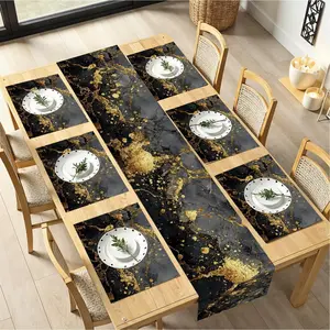 2D flat printing, 1 piece/2 pieces/4 pieces/6 pieces/8 pieces/5 pieces set/7 pieces set marble tablecloth and placemat, black and white marble with gold vein design, elegant dining table decoration