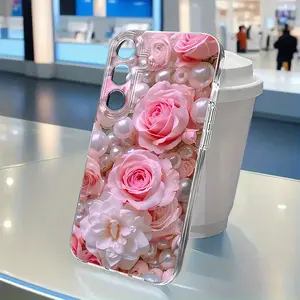 Elegant, fashionable, and romantic pink rose and pearl pattern design anti-drop transparent phone case,for iPhone 17 Pro Max Phone Case 17 Air 16 E 15 Plus 14 13 12 11 X XS, Samsung Galaxy S22 S23 FE S24 Plus S25 ULTRA FE Plus A54 53 52 36 35 34 33 Note 2