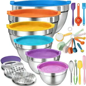 Trending 21Pcs Bakeware Mixing Bowl Set Stainless Steel Nesting Bowls with Lids Graters Whisk Spatulas Stackable Kitchen Essentials for Baking Cooking