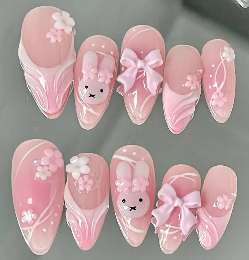 Adorable Pink Bunny Press On Nails with 3D Flowers and Bows, Handmade Kawaii Nail Art, cute pink nail sets, Wedding Nails, easter day nails