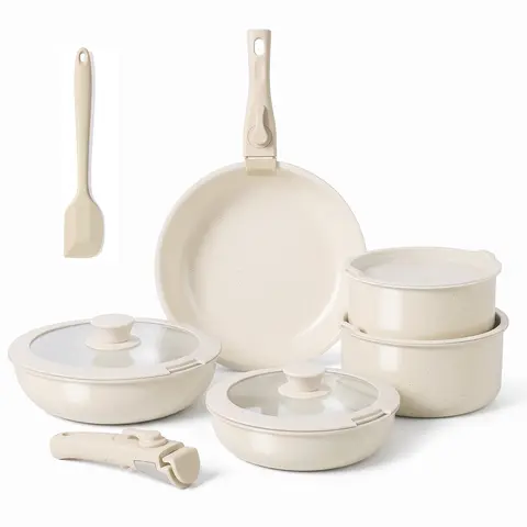MyDepot 12-Piece Anti-Adhesive Granite Cooking Pots Set - Hot-Safe Detachable Handle Cookware, 8" & 10" Fry Pans, Sauté Pan, Saucepan, Induction/Dishwasher/Oven Ready, Stackable for RV Use (12-Pieces for Full Meals)