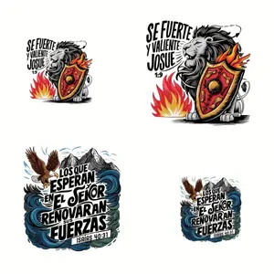 4-Piece Set Spanish Inspirational Quote with Vivid Lion Pattern Iron-On Patches - Cloth patches with Christian scriptures and lion designs for T-shirts, bags, and hats - Men's casual style decoration