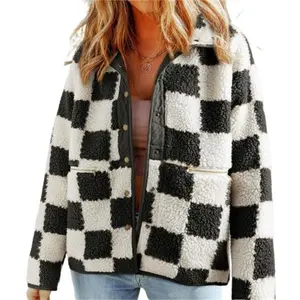 Women’s Fuzzy Plaid Vintage Button-Up Lapel Collar Long Sleeve Thickened Winter Warm Coat Jacket