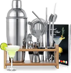 15PCS Cocktail Shaker Set, 750ml/25oz Bartender Kit with Stand & Recipes, Bar Tools Set with All Bar Essential Accessories,Martini Shaker Bartending Kit, for Drink Mixing Home Bar Party, Silver
