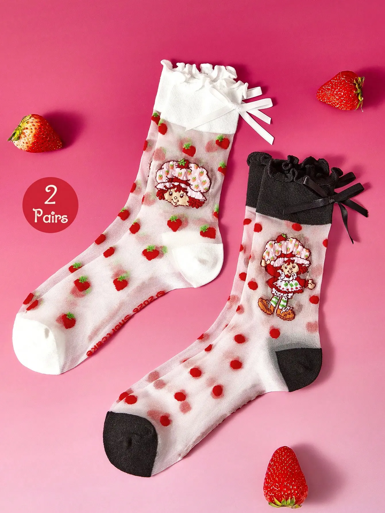 Strawberry Shortcake 2 Pairs Of Cute, Sweet, Ultra-Thin Transparent Invisible Socks, Crystal Stockings, Breathable And Soft Women's Mid-Tube Socks, Strawberry Polka Dots, Bows, Suitable For Daily Wear In Spring And Summer, All-Day Mid-Calf Socks, Breathab