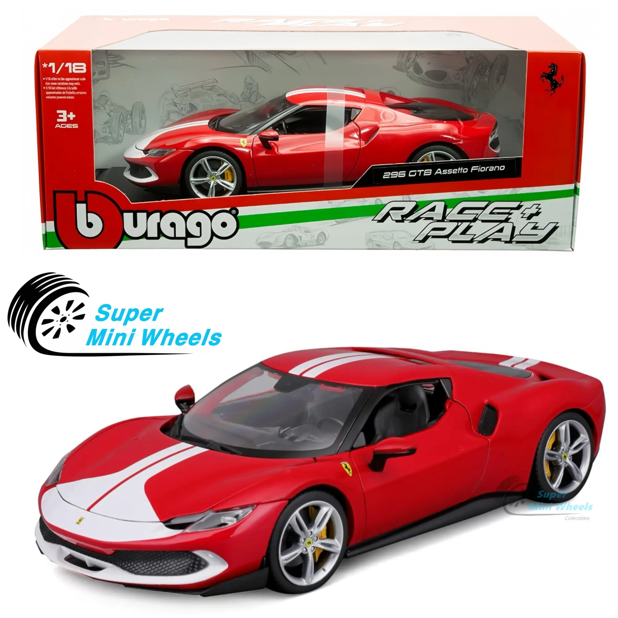Bburago 1:18 Ferrari 296 GTB Assetto Fiorano – Red with White Stripes