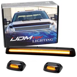 iJDMTOY 3pc-Set Direct Fit Black-Out Lens Amber Yellow Full Strip LED Cab Roof Clearance Light Kit For 2007-2014 Silverado/Sierra 2500 3500 HD