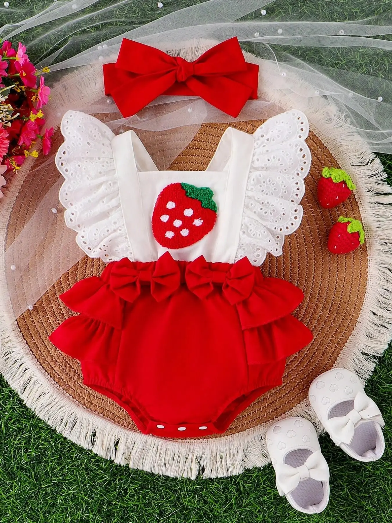 Baby Girl Newborn 2-Piece Summer Gift Set, Strawberry Embroidered Ruffle Patchwork Backless Sleeveless Lace Trim Triangle Romper Bodysuit with Headband