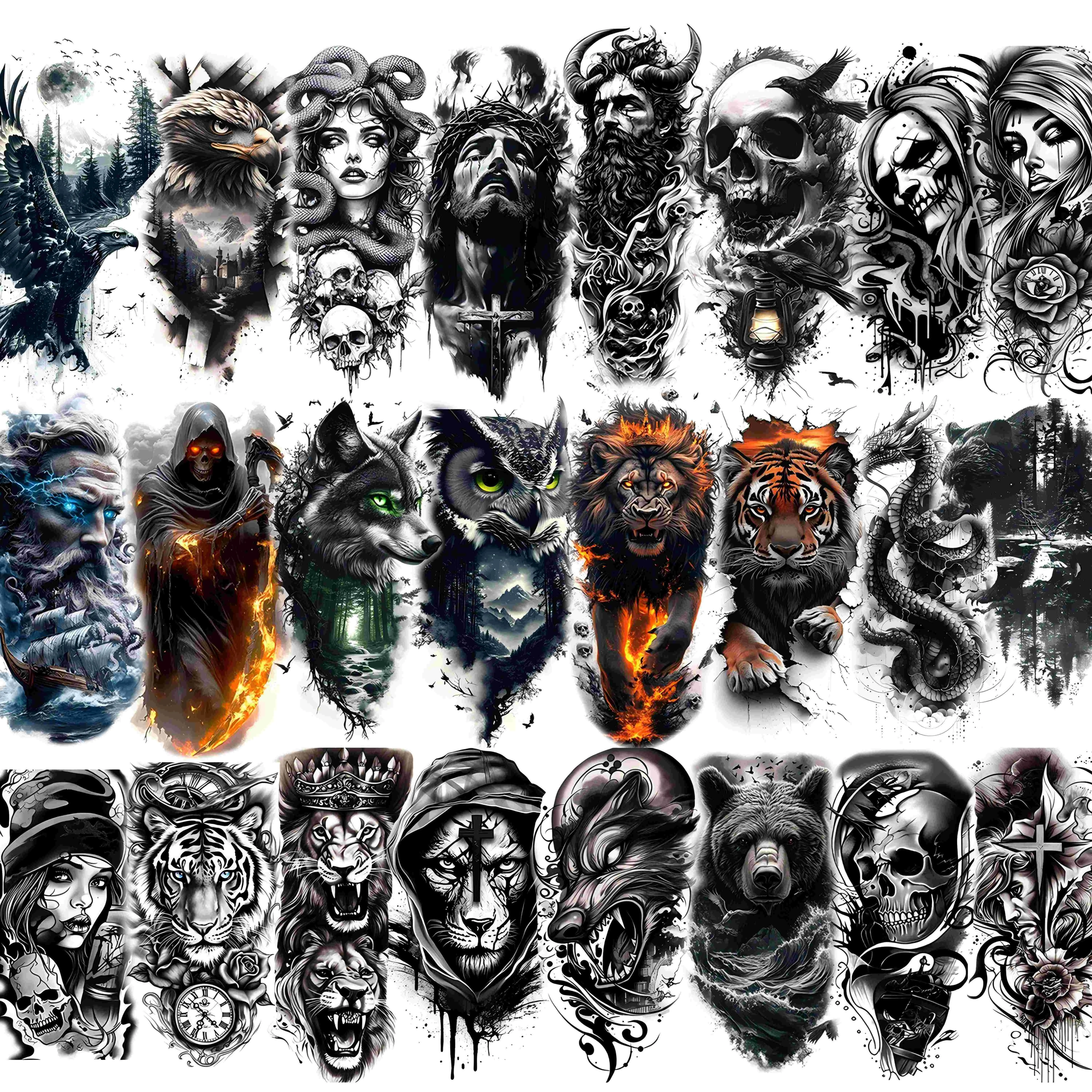 glaryyears Temporary Tattoos for Men Women, 24-Pack Half Sleeve Long-Lasting Tattoo Art Stickers with Lion & Skull Designs for Gym & Concerts
