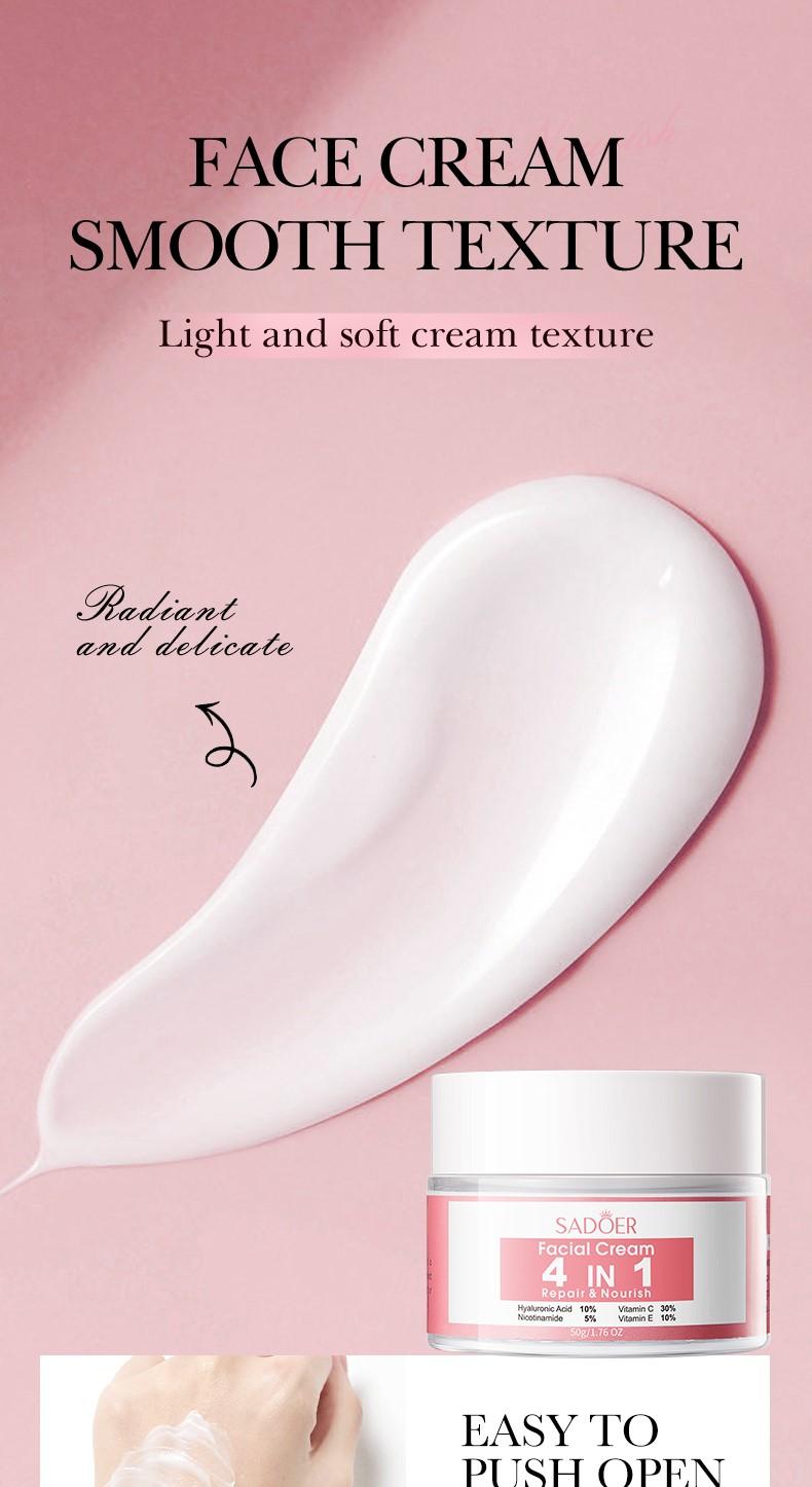 4-in-1 multifunctional face cream with a highlymoisturizing formula and a delicate texture,containing multiple skincare ingredients thatprovide hydration, firming, repair, andnourishment. Suitable for daily skincare use.