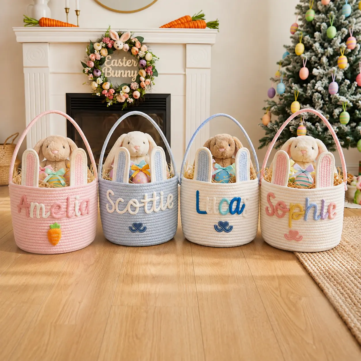 [Made-to-Order] Large Easter Egg Hunt Bucket | Sturdy Rope Basket with Handle | Custom Name Carrier | Kids Spring Party Favor