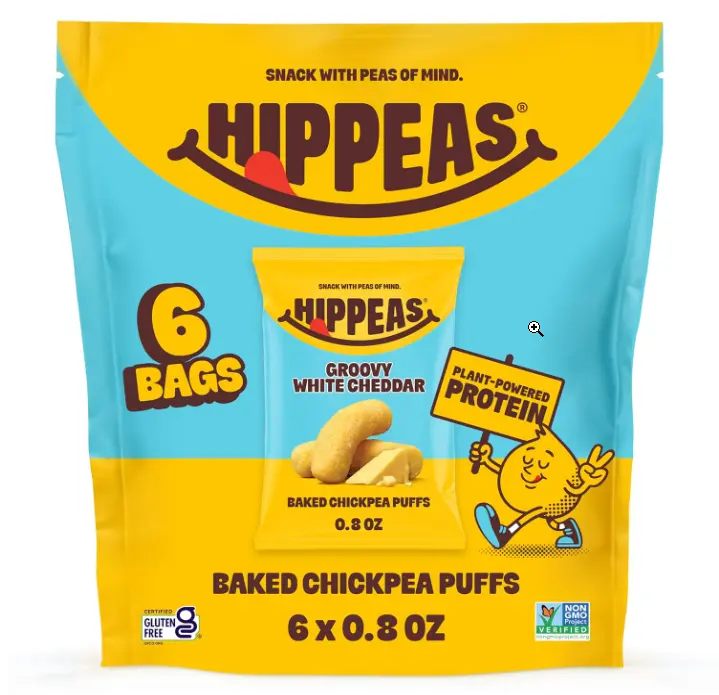 HIPPEAS Chickpea Puffs, Groovy White Cheddar, Gluten Free Snacks, Dairy Free, Vegan, 0.8oz, Pack of 6, 3g Protein, 2g Fiber, Crunchy, Nutritious, Baked Plant Protein Snack, Non-GMO, Kosher
