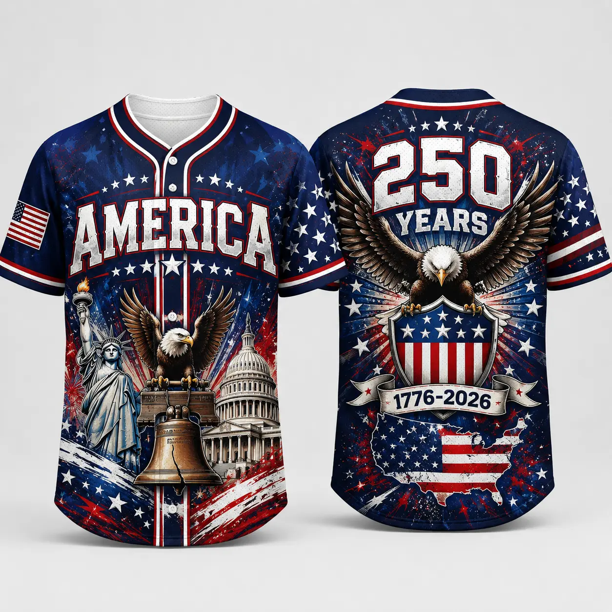 Men's Sporty Patriotic Print Apparel Jersey - Short Sleeve Button-Front Athletic Top, USA 250th Anniversary Flag Graphic Jersey Top for 4th of July Watch Party, 2XL Short Sleeve Shirt