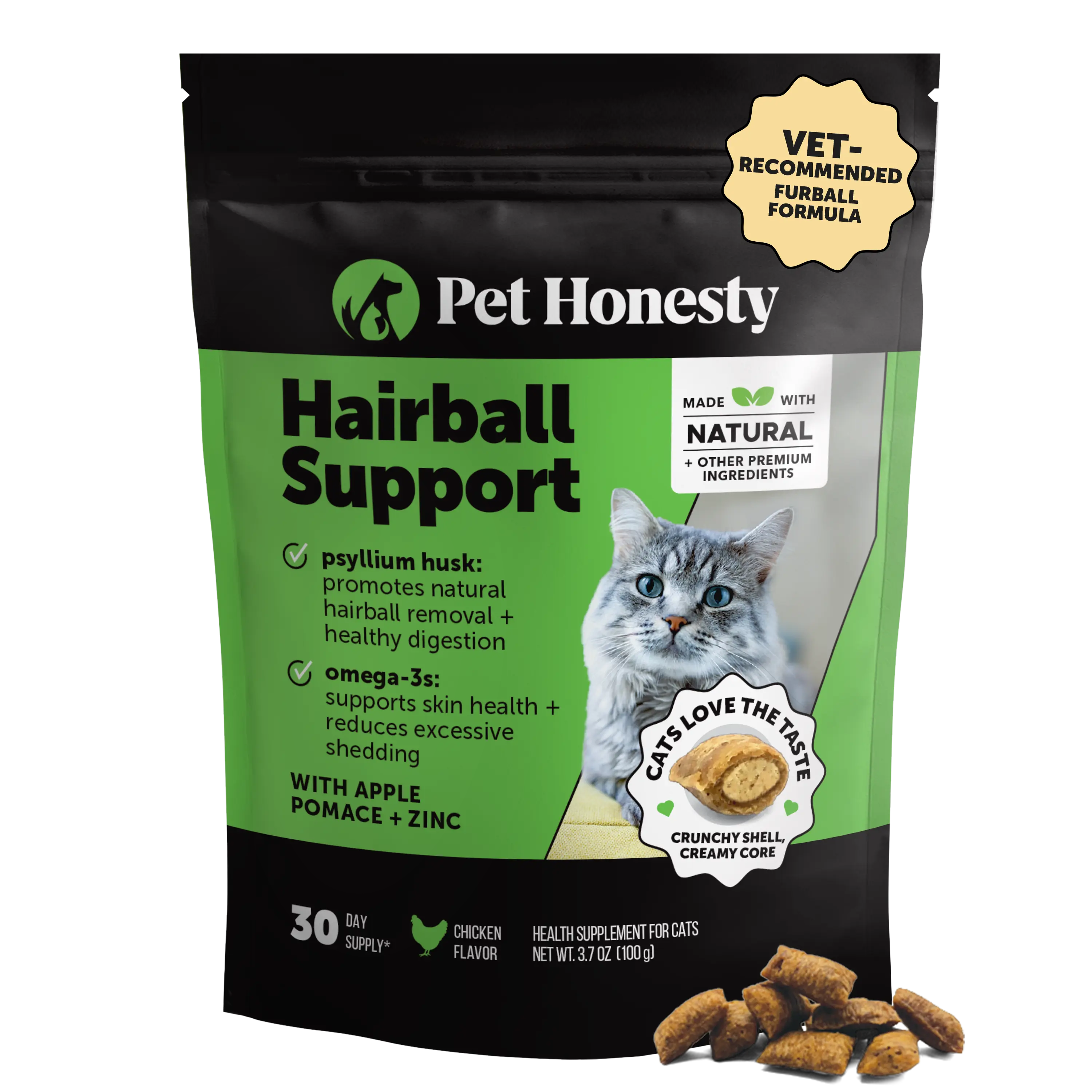 Pet Honesty Hairball Support Supplement for Cats, Tasty Treats with Psyllium Husk and Fish Oil for Healthy Skin + Coat and Digestive Health - Chicken