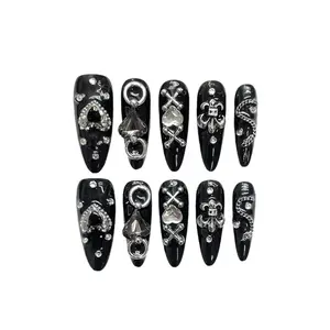 Gothic Black Stiletto Press On Nails - Silver Metal Crystal Acrylic