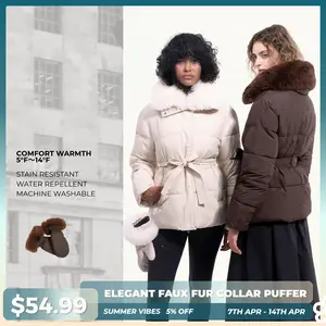 PUFFIT WarmCore Premium Elegant Fur-Collar Puffer Detachable Fur Collar Waist-Defining Slim Fit Puffer Jacket Matching Gloves Available Detachable Button Design Elegant Look Combines Warmth And Beauty — Perfect For Winter Elegance