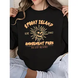 Spooky Island Halloween Sweatshirt Women's Crew Neck Long Sleeve Retro Movie Disco Skull Print 90s Nostalgia Gift Idea Comfort Colors Clothes Casual Costumes Womenswear