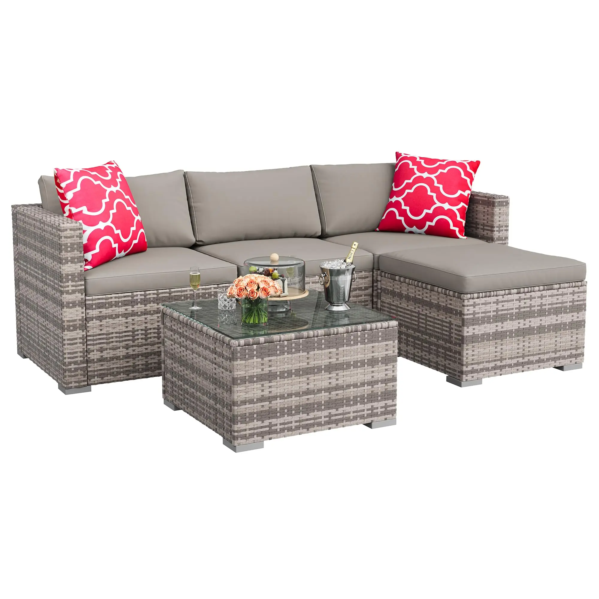 Gray gradient rattan + light gray cushion + red pillow