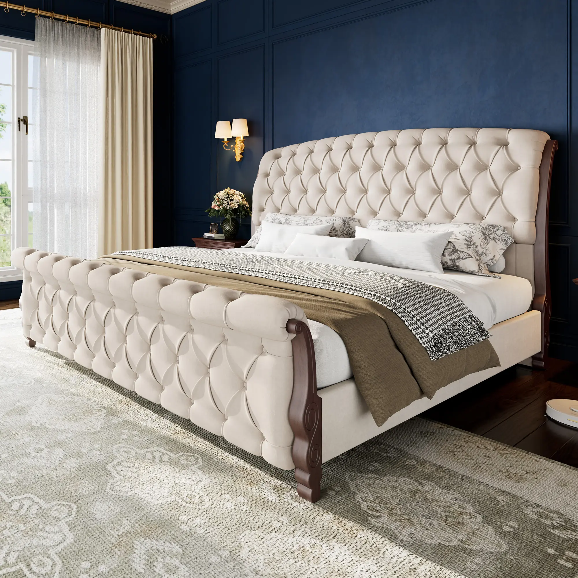 AMERLIFE Upholstered Bed Frame, 53" Tall Sleigh Bed with Button Tufted Chenille Headboard and Footboard, Platform Bed with Carved Solid Wood Legs, No Box Spring Needed[tiktokshopbacktoschool][SohoChic]