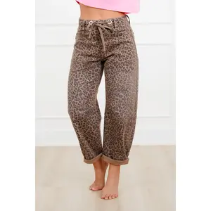 Risen Leopard Slouchy Drawstring Waistband Barrel Jeans