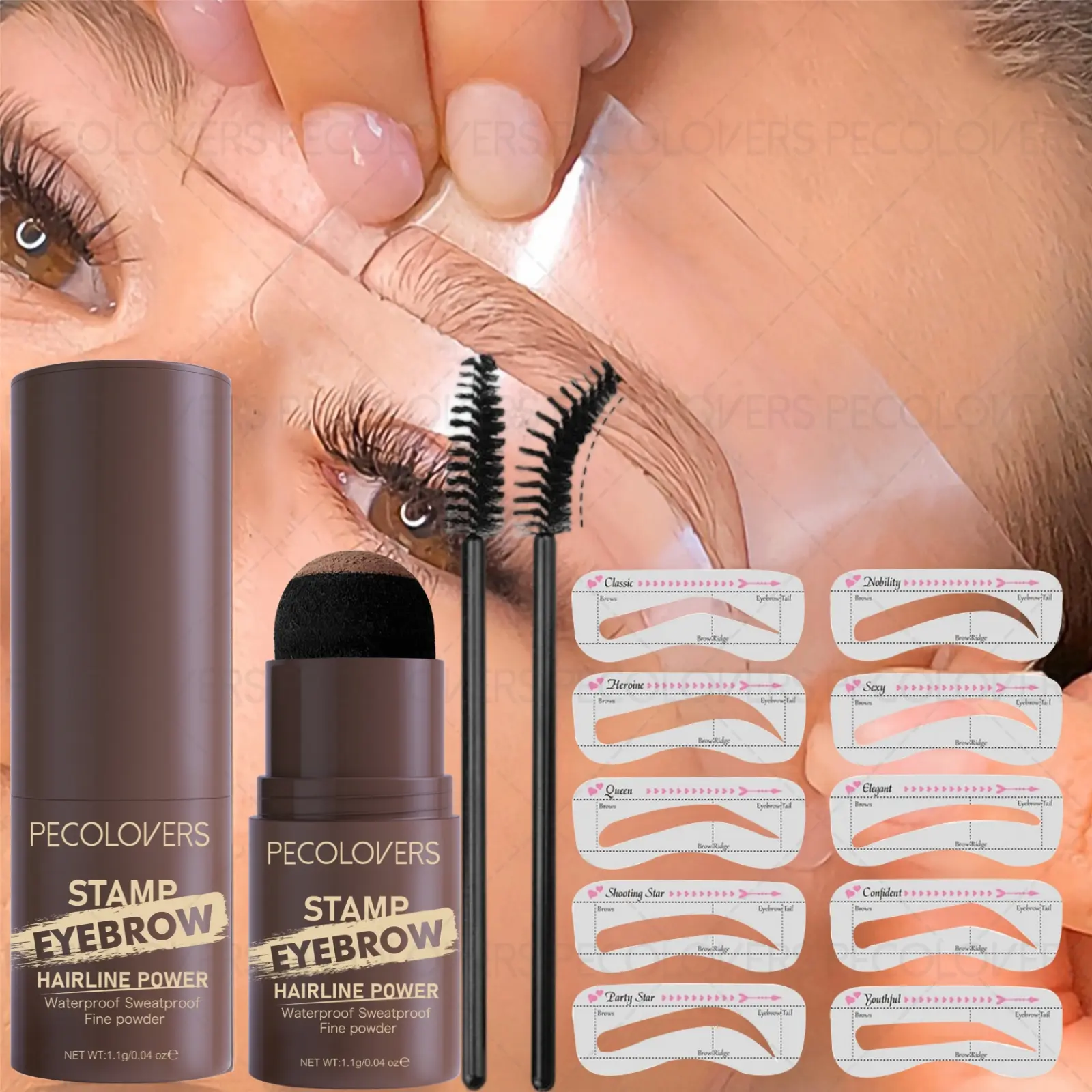 1SET Eyebrow Stamp Styling Kit, Fine, Waterproof and Smudge-proof, Multifunctional, Fills Hairline and Beard, Long-lasting Makeup, Eyebrow Shape with 10 PCS