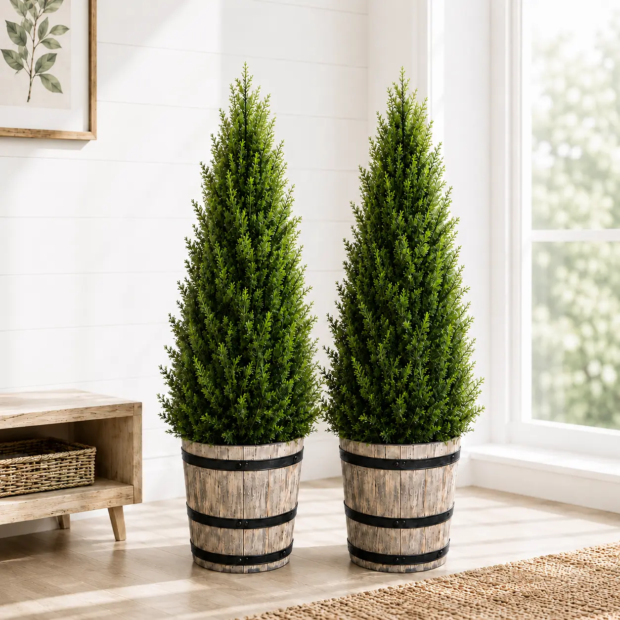 [Set of 2] 4FT Artificial Cedar Topiary Trees with Rustic Barrel Planter, Faux Indoor Outdoor Pine Shrubs, Realistic Fake Cypress Plants for Home, Office & Porch Decor