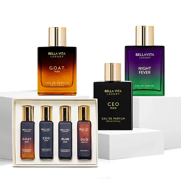 The Godfather by BellaVita Luxury | Perfume Gift Set for Men | Includes CEO Man (Citrus Woody), G.O.A.T. Man (Woody Musky), Night Fever (Fruity Amber) & 4 Luxury Minis (Oud, CEO, Klub, G.O.A.T.) | Long-Lasting, Vegan & Cruelty-Free EDP | 3.4 Fl.oz Each